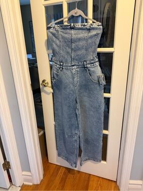 Oh Polly Light Blue Strapless Denim Jumpsuit